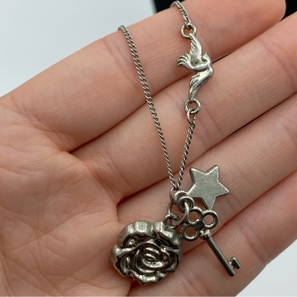 Vintage Rose Keys & Bird Silver Necklace - Picture 3 of 5
